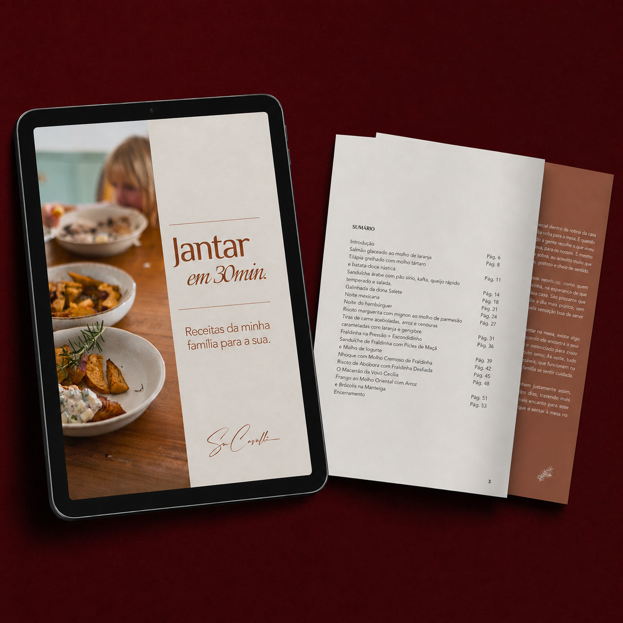 Mockup do ebook Jantar em 30min com sumário e página de introdução