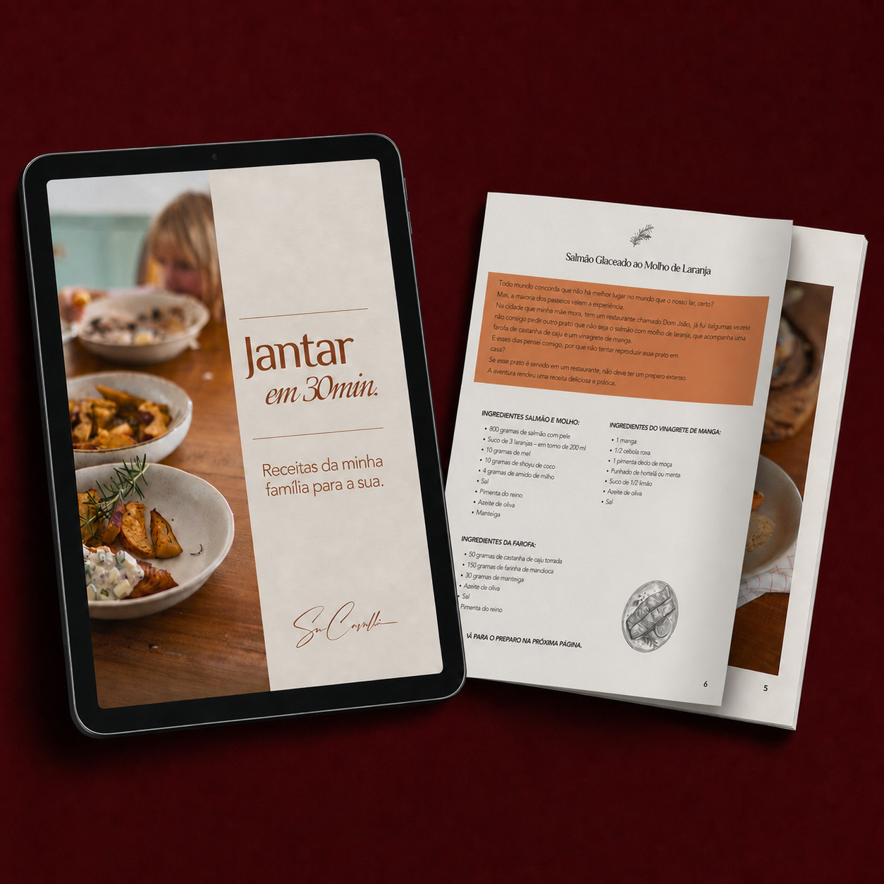 Mockup premium do ebook Jantar em 30min em tablet e folhas impressas
